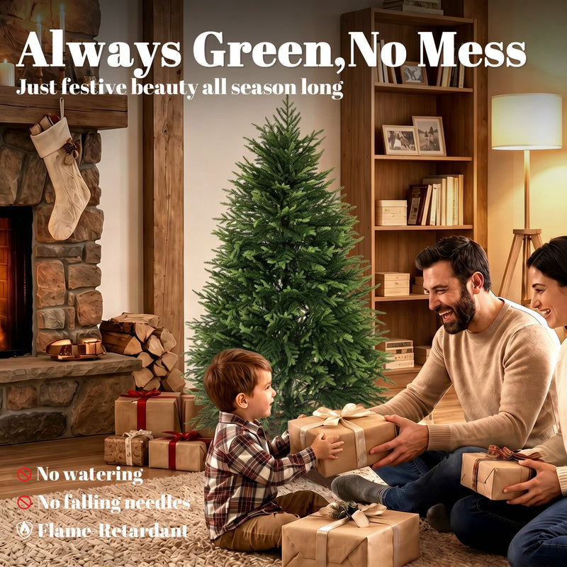 Father and son opening a gift beside the 5ft tree with text listing no watering, no falling needles and flame-retardant