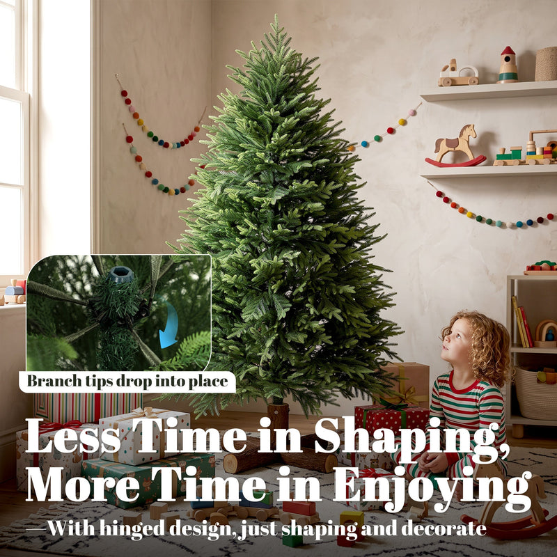 5ft tree in a child's playroom with an inset showing hinged branch tips dropping into place