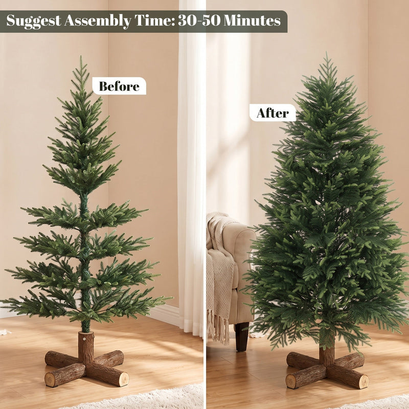 Before and after comparison of the 5ft tree unshaped and shaped, with a 30 to 50 minute assembly time label
