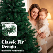 Close-up of the 6ft tree's 700 branch tips in a classic fir design, with a mother and child behind
