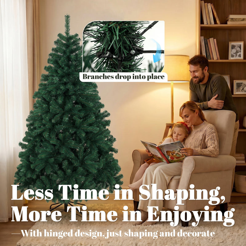 Family reading in an armchair by the tree, with a callout showing hinged branches dropping into place