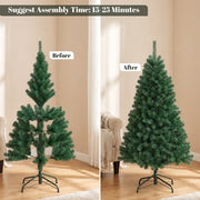 5ft tree before and after shaping, with a suggested assembly time of 15-25 minutes