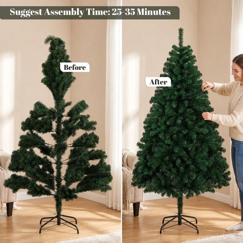 6ft tree before and after shaping, with a suggested assembly time of 25-35 minutes