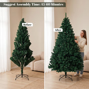 7ft tree before and after shaping, with a suggested assembly time of 45-60 minutes