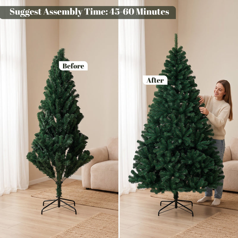 7ft tree before and after shaping, with a suggested assembly time of 45-60 minutes