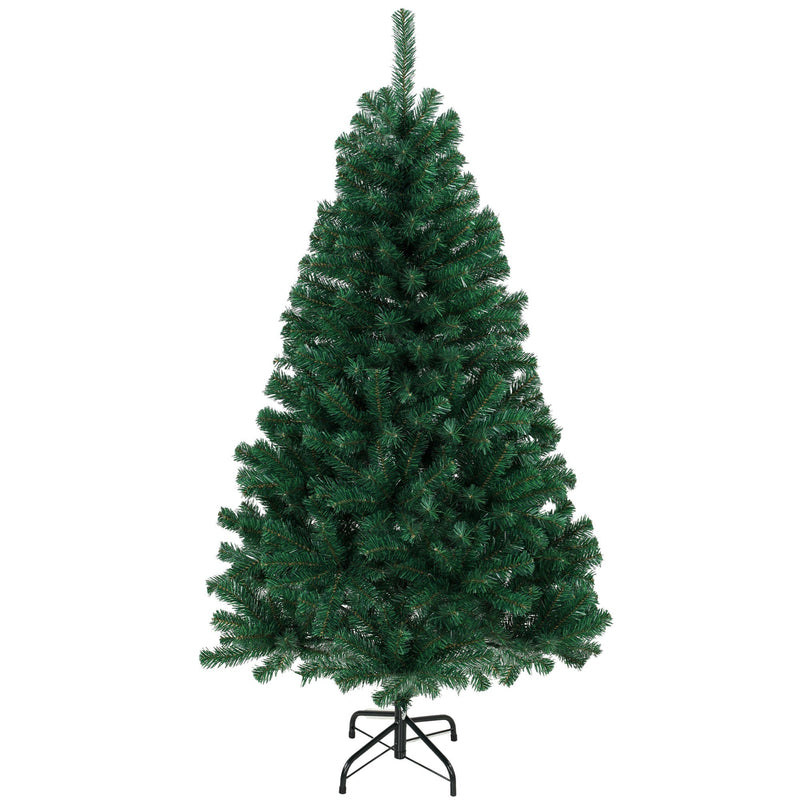 Green 5ft hinged fir artificial Christmas tree on a black steel stand, white background
