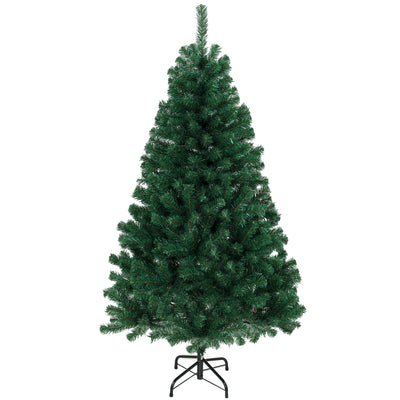Green 5ft hinged fir artificial Christmas tree on a black steel stand, white background