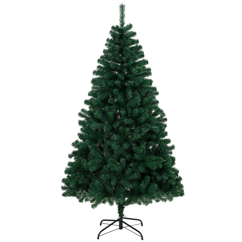 Green 6ft hinged fir artificial Christmas tree on a black steel stand, white background