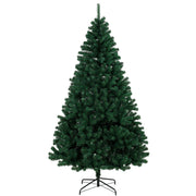 Green 7ft hinged fir artificial Christmas tree on a black steel stand, white background