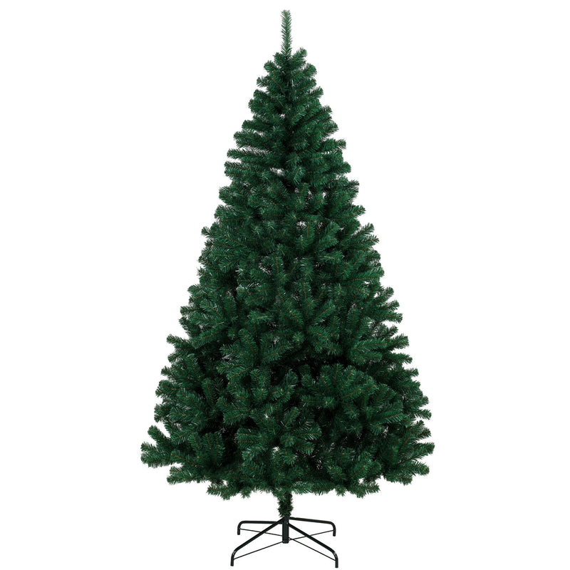 Green 7ft hinged fir artificial Christmas tree on a black steel stand, white background
