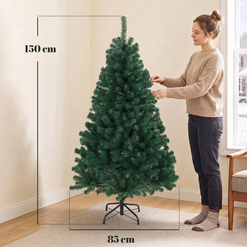 Dimensions of the 5ft Christmas tree: 150 cm high and 85 cm wide, with a woman shaping the branches