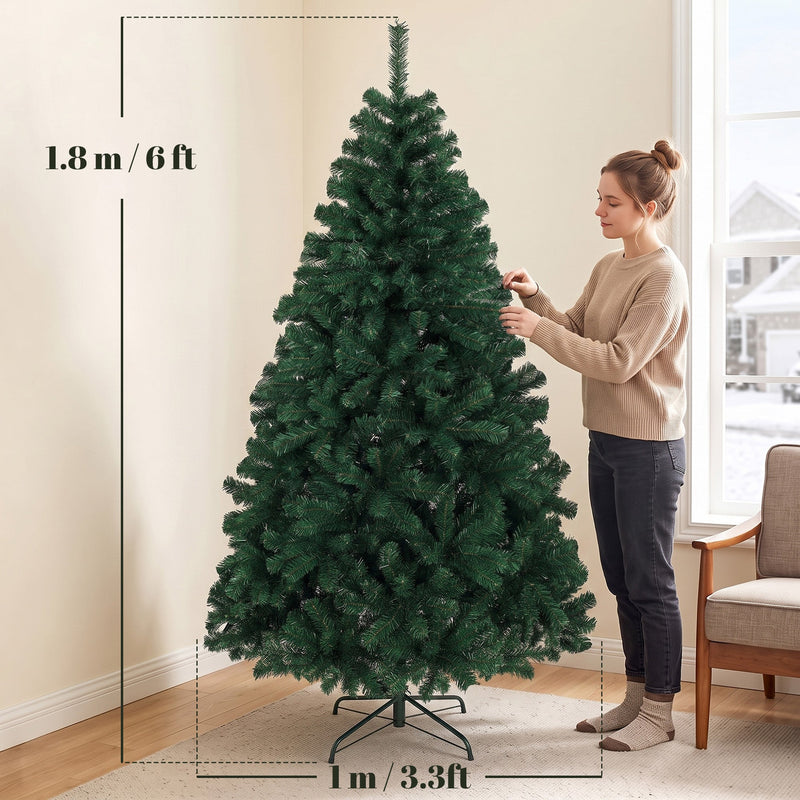 Dimensions of the 6ft Christmas tree: 1.8 m high and 1 m wide, with a woman shaping the branches
