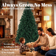 Family opening gifts by a stone fireplace next to the tree, with no watering, no falling needles, flame-retardant and pet-friendly callouts