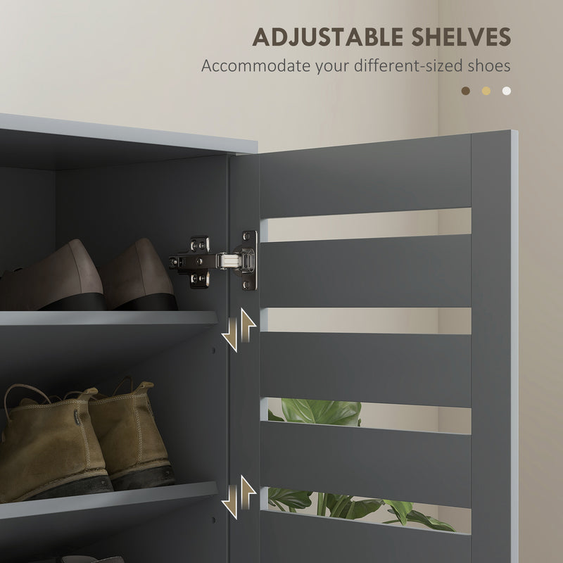 Grey Shoe Storage Cabinet For Hallway With Adjustable Shelves, Slatted Doors, Holds 15 Pairs