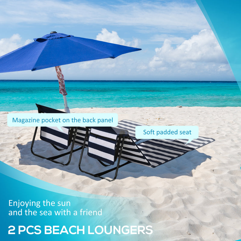 Folding Beach Loungers with Adjustable Backrest and Carry Bag for Outdoor Comfort Blue Outsunny