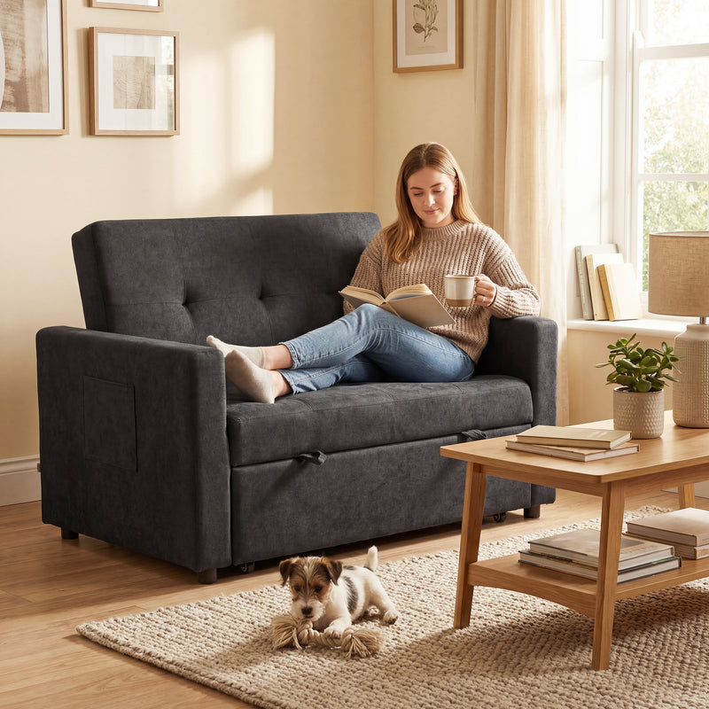 2 Seater Sofa Bed for Small Spaces with Adjustable Backrest and Storage Pockets Black AOSOM