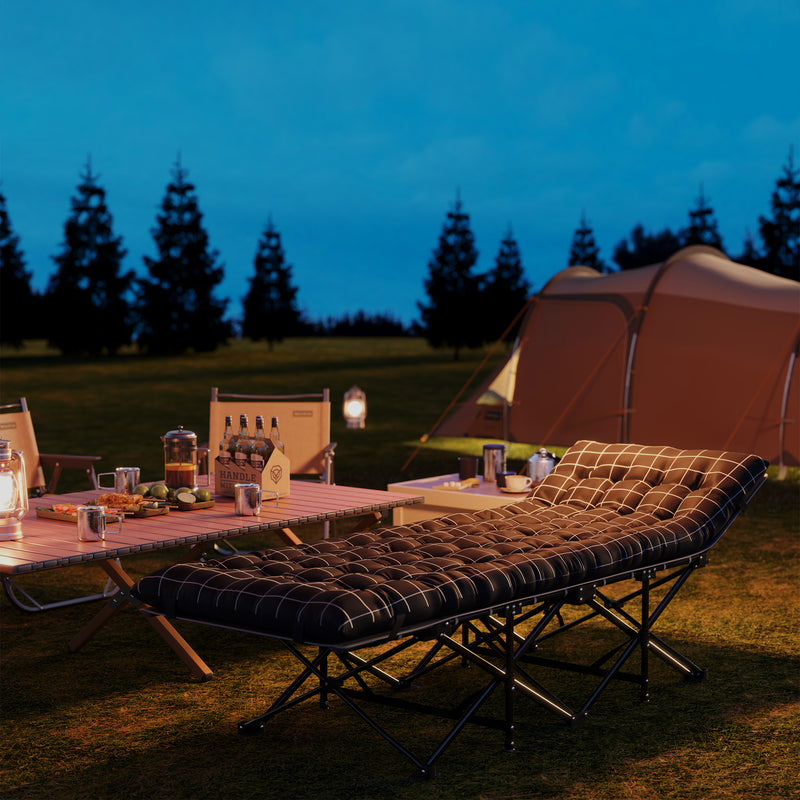 Folding Camping Bed with Thick Mattress and Head Support for Comfortable Outdoor Sleep Black