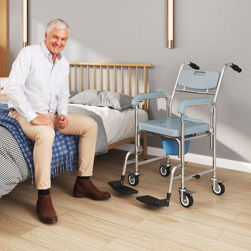 Shower Commode Chair with Lockable Wheels and Arms for Elderly or Disabled Use Grey AOSOM