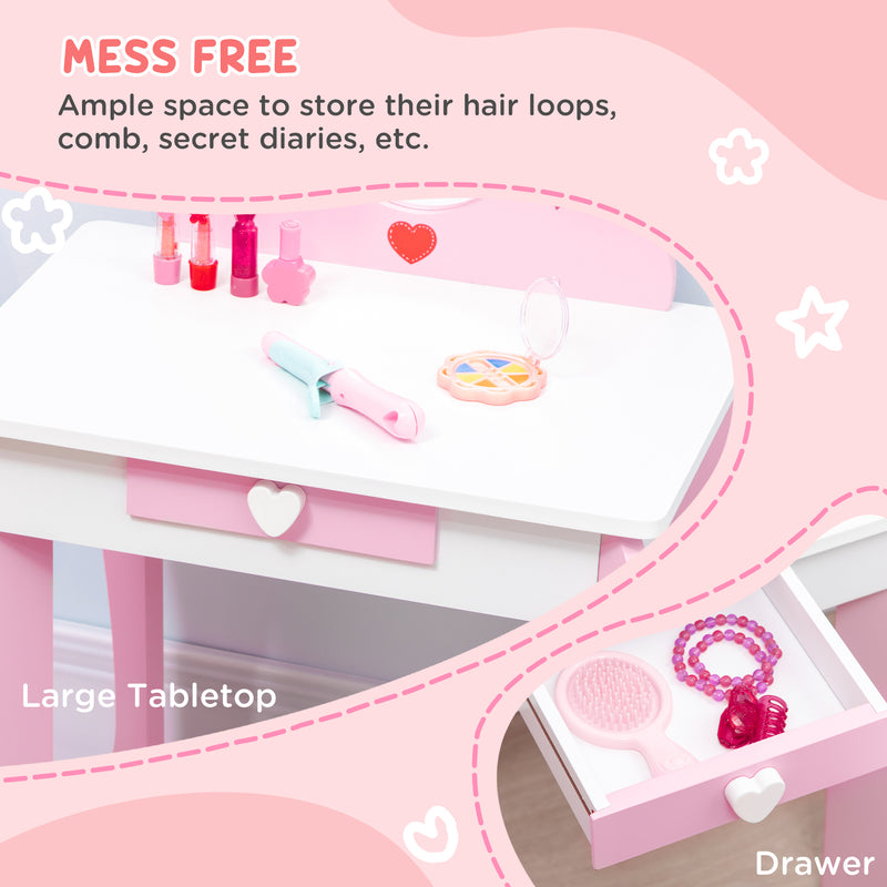 3 Piece Kids Bedroom Furniture Set with Bed Dressing Table and Stool for Ages 3 to 6 Pink AOSOM