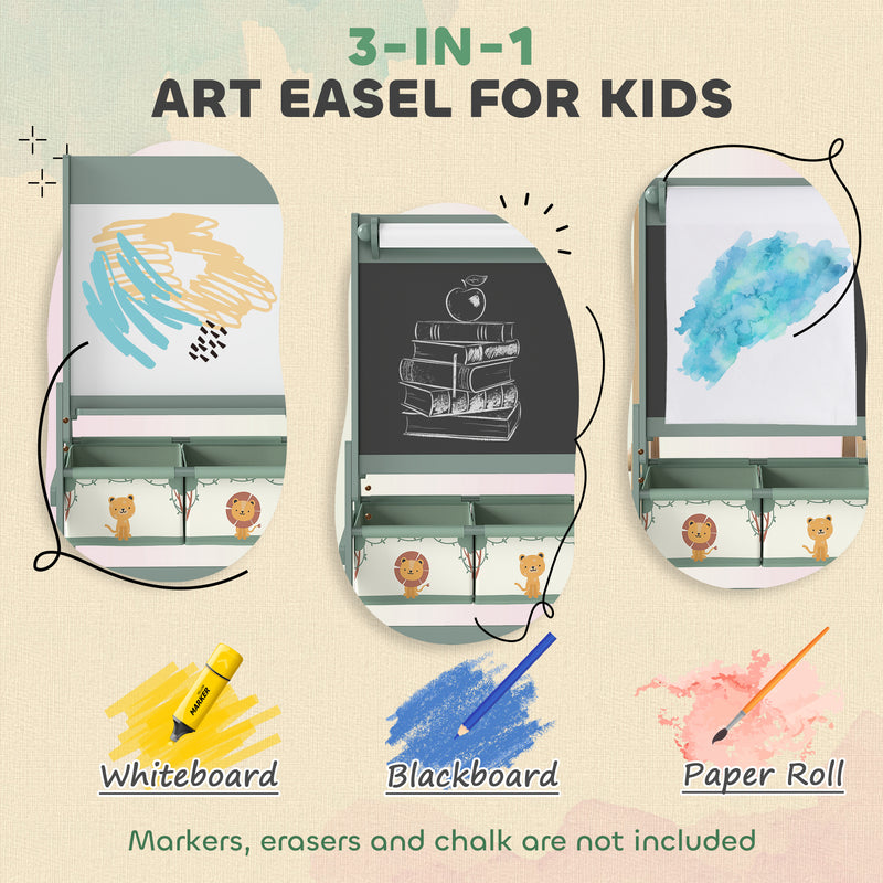 Double Sided Kids Art Easel With Paper Roll And Storage Boxes For Ages 3 to 8, Green
