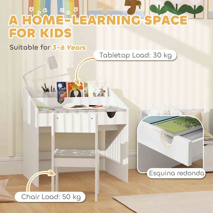 Kids Study Table and Chair Set with Storage and Pull-Out Drawer Grey by AIYAPLAY