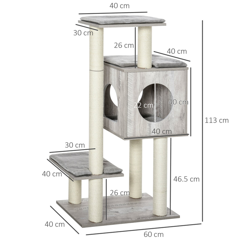 Cat Tree Tower With Jute Scratching Posts And Activity Centre For Large Cats 113cm Grey AOSOM