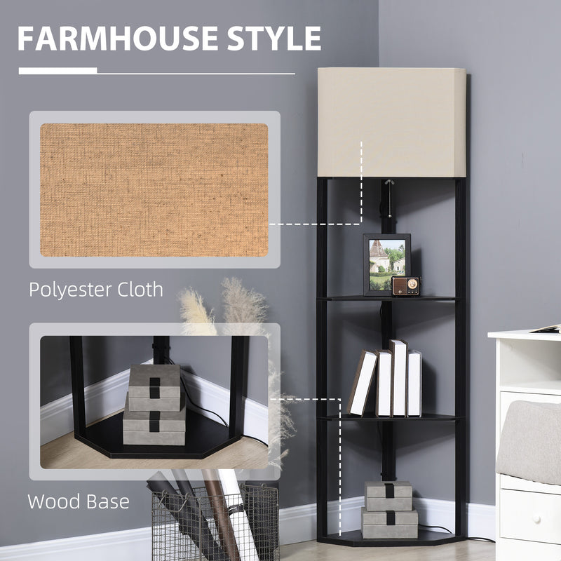 Tall Corner Floor Lamp with Storage Shelves and Chain Switch for Living Room, Black