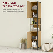 Tall Bathroom Storage Cabinet with Doors Adjustable Shelves and Open Shelves, Natural Wood