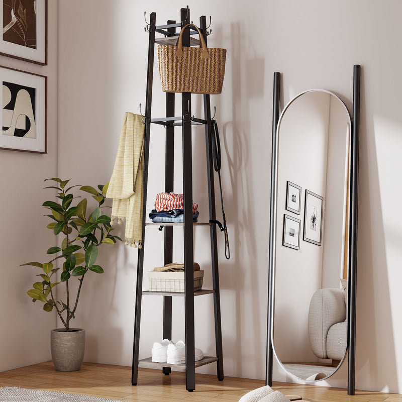 Industrial Freestanding Coat Rack with 8 Hooks and Storage Shelves for Hallway, Grey