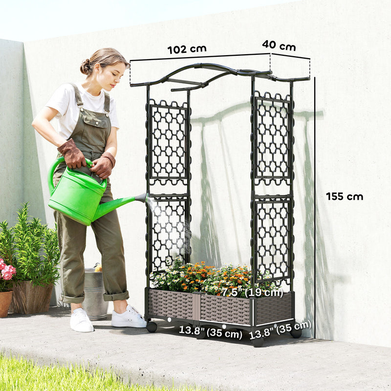 Raised Garden Planter with Trellis Arch and Wheels for Climbing Plants and Easy Movement, Black Outsunny