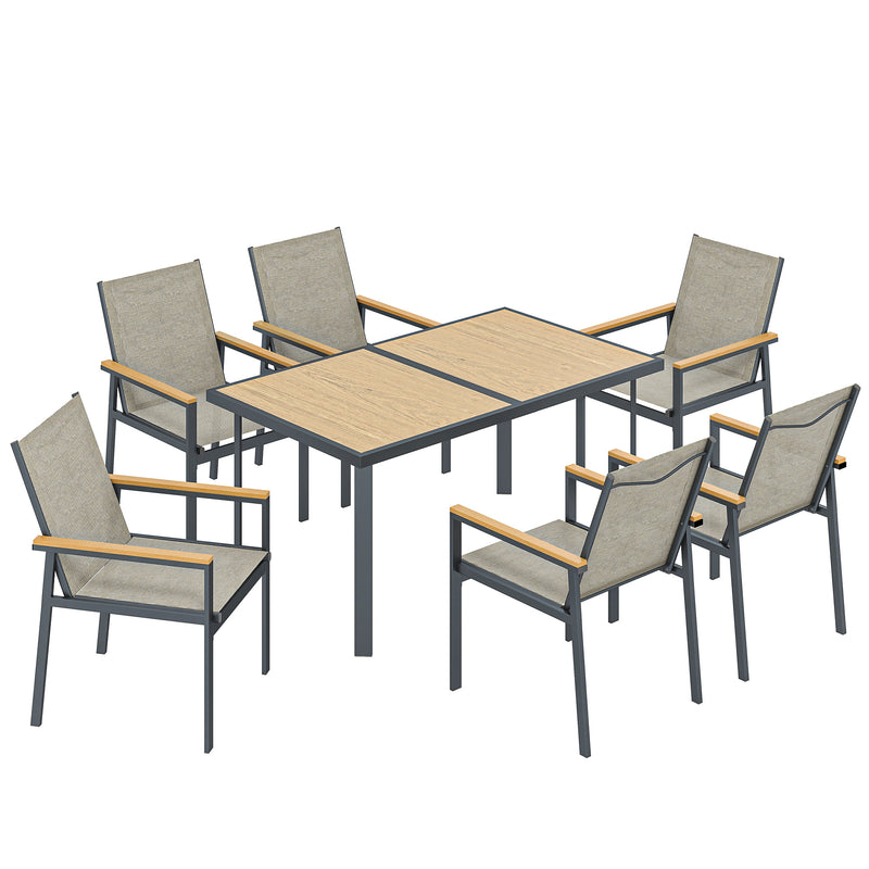 Garden Dining Set 6 Seater with Easy Clean Table and Breathable Chairs, Teak Outsunny