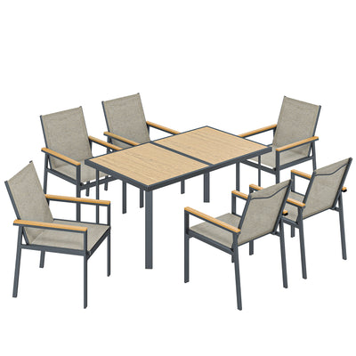 Garden Dining Set 6 Seater with Easy Clean Table and Breathable Chairs, Teak Outsunny