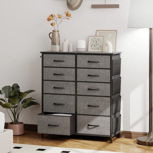 Tall Chest of 10 Fabric Drawers for Bedroom Storage with Steel Frame, Charcoal Grey