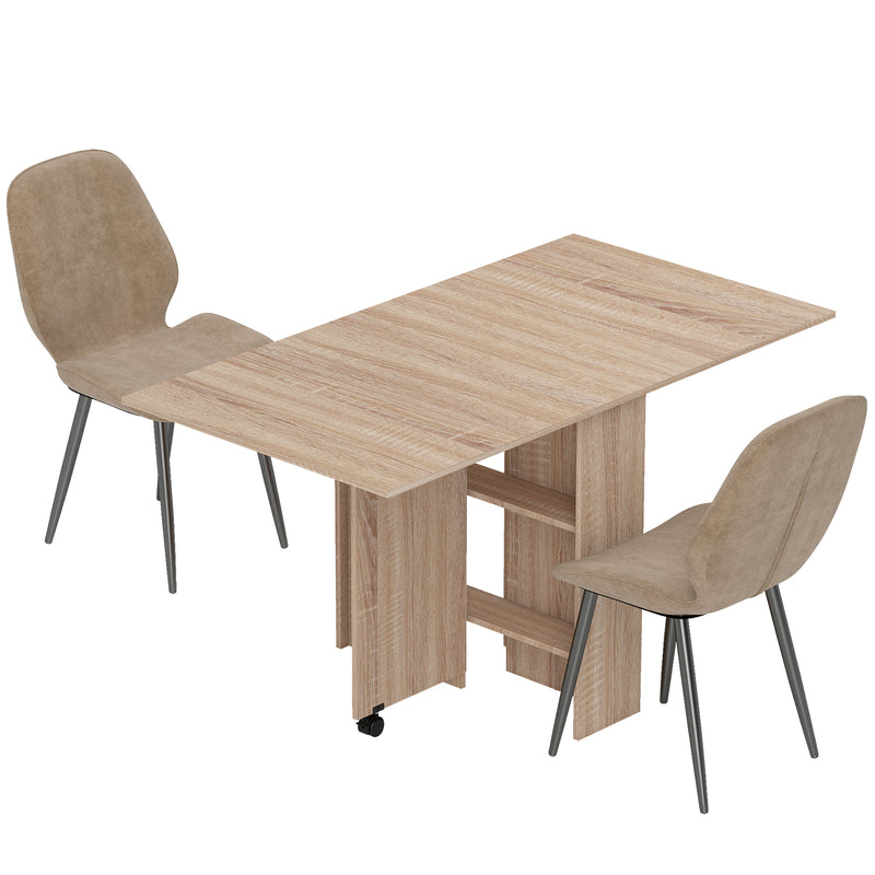 HOMCOM drop-leaf dining table set with 2 velvet chairs in natural wood finish
