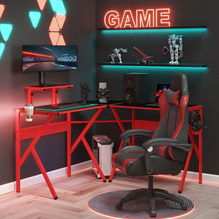 L Shaped Gaming Desk With Monitor Stand, Headset Hook, Red