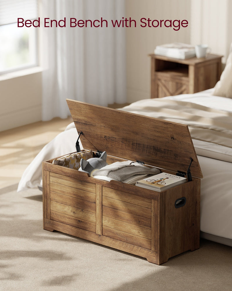 Honey brown shoe storage bench styled in a hallway entryway setting