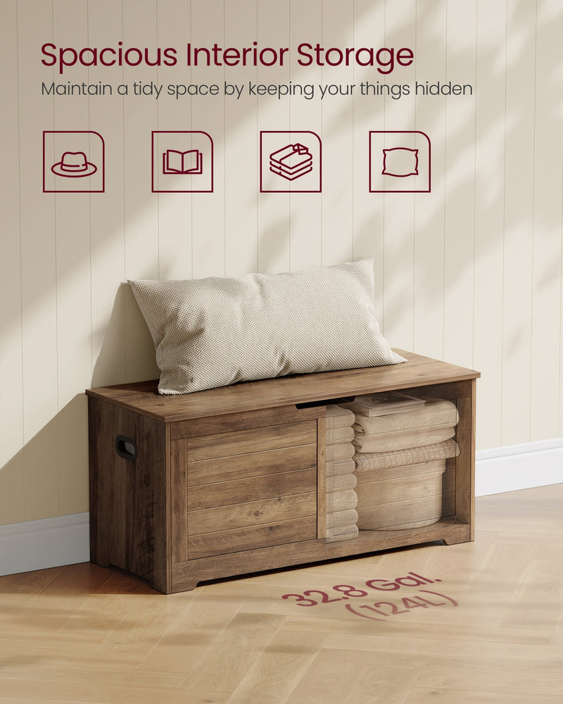 Cushion on bench lid with 32.8 gallon spacious interior storage callout