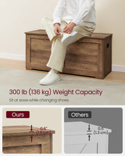 Person sitting on the bench putting on shoes, 136 kg weight capacity callout