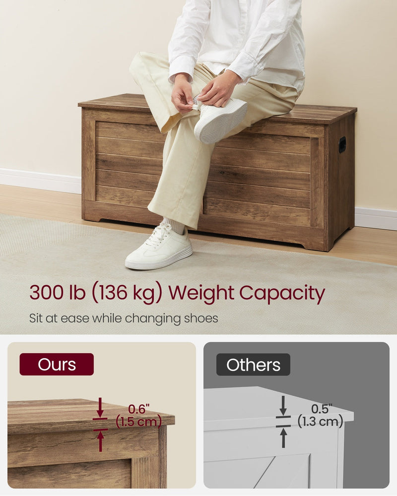 Person sitting on the bench putting on shoes, 136 kg weight capacity callout