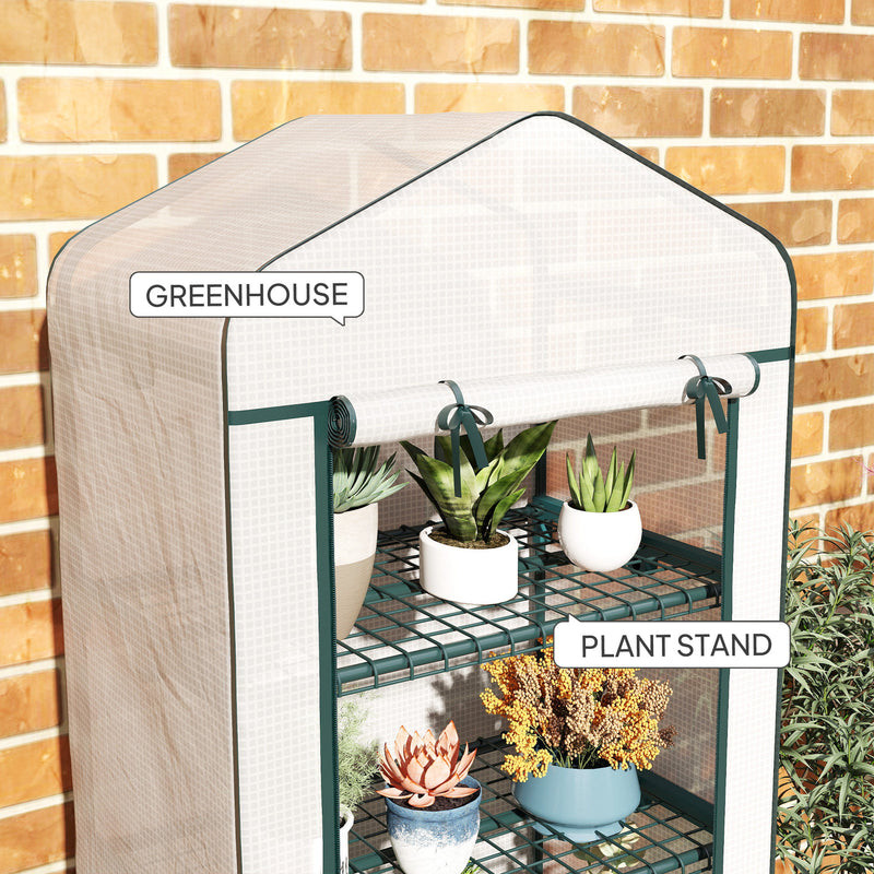 Outsunny 4 Tier Mini Portable Greenhouse Compact Plant Grow Shed Metal Frame PE Cover with Lockable Rolling Wheels , White
