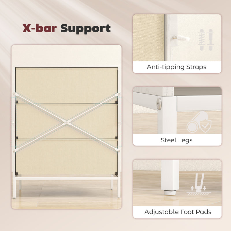 3 Drawer Fabric Dresser with Aluminium Handles Ideal for Bedroom Storage White