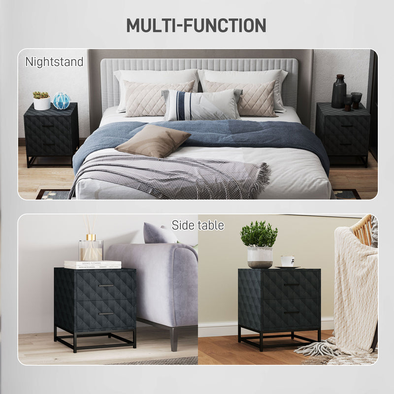 Set of 2 Black Bedside Tables with Drawers and Steel Legs for Bedroom or Living Room by HOMCOM