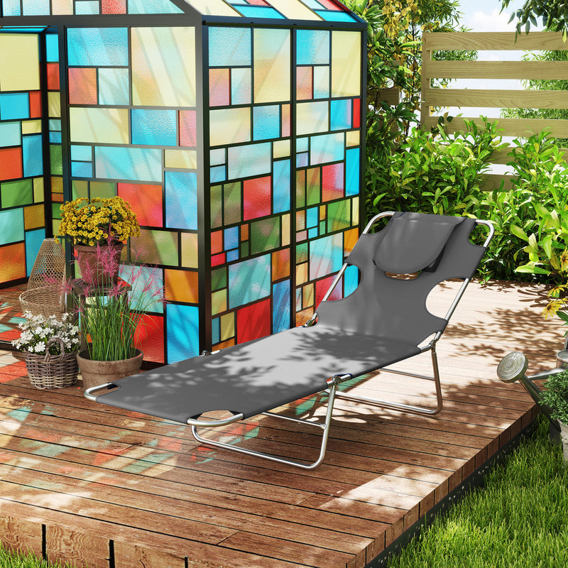 Dark Grey Reclining Sun Lounger with Face Hole for Outdoor Comfort by Outsunny