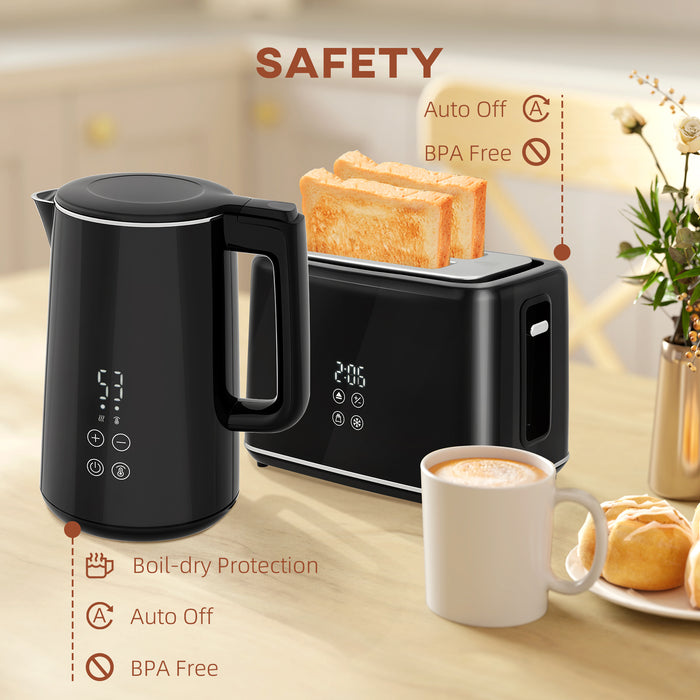 Black 1.5L 3000W Fast Boil Kettle and 2 Slice Toaster Set With 7 Browning Levels by HOMCOM