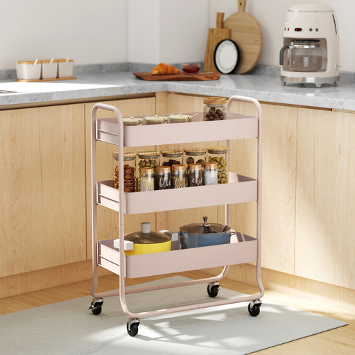 3 Tier Rolling Storage Trolley With Mesh Baskets For Kitchen Or Bathroom Use Light Pink