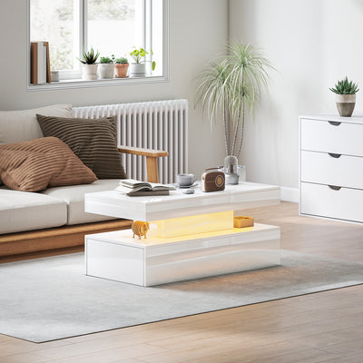 LED Coffee Table With Hidden Storage High Gloss Finish Ideal For Modern Living Rooms White