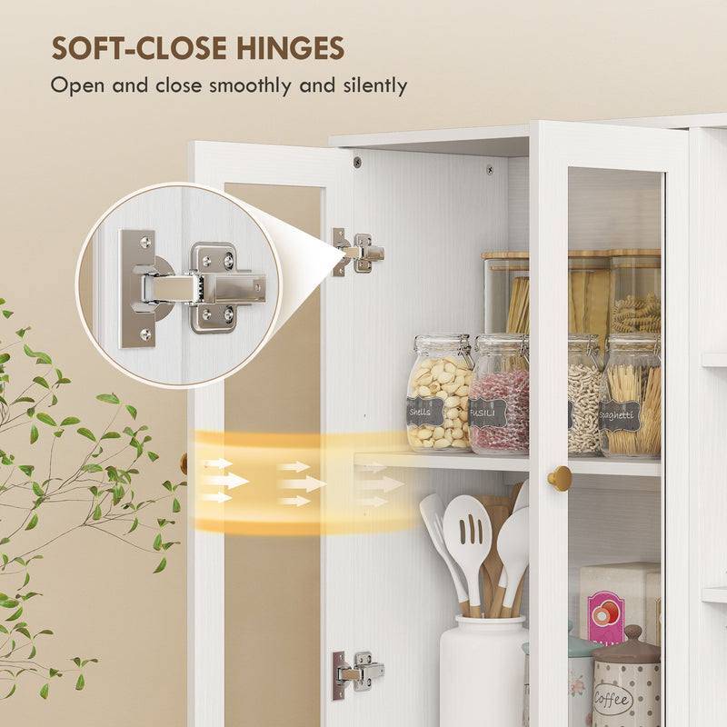 Multi Storage Kitchen Cabinet with Glass Doors and Shelves for Organised Cooking Space White