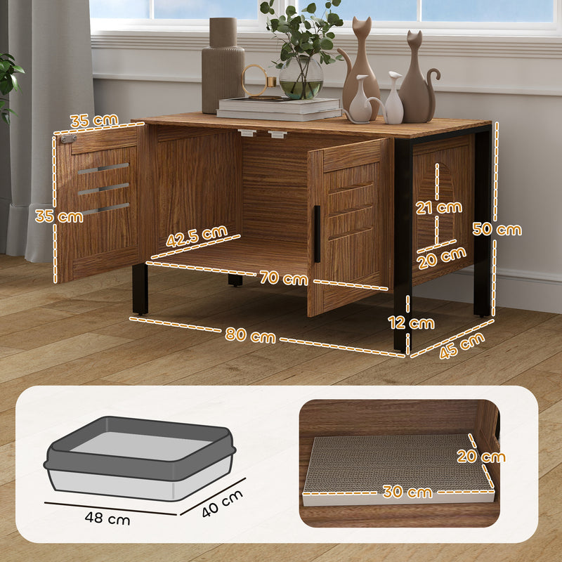 Dark Brown Cat Litter Box Enclosure With Scratcher Legs Double Doors and Ventilation Holes