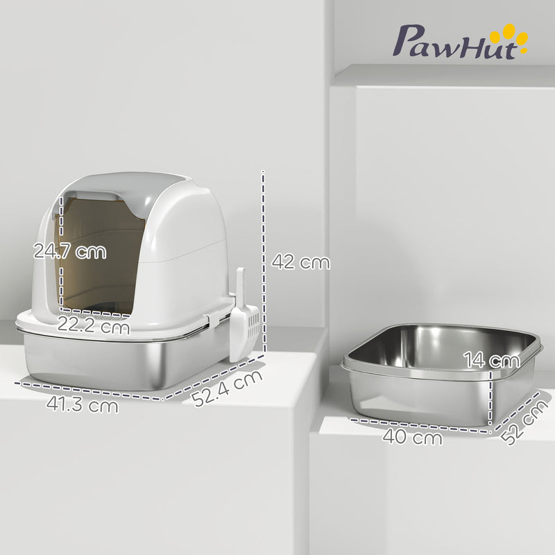 Enclosed Stainless Steel Cat Litter Box With Scoop Flip Lid For Mess Free Cleaning, Silver