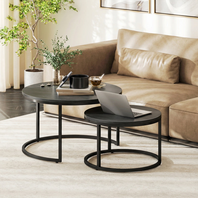 Nesting Coffee Table Set of 2 Space Saving Tables for Living Room Black Wood Grain AOSOM